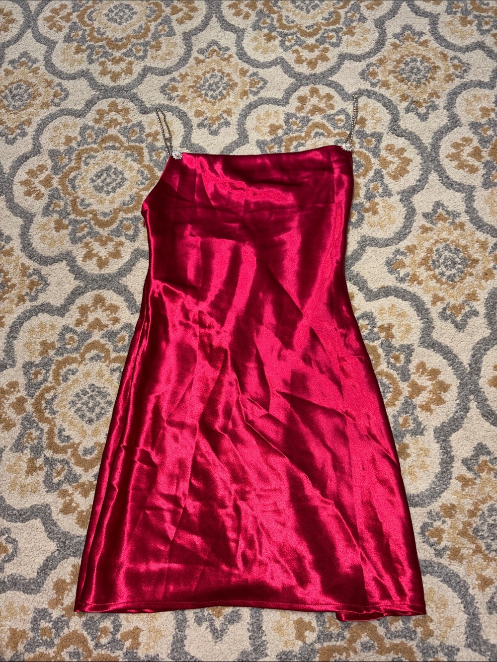 Red satin dress with rhinestone chains